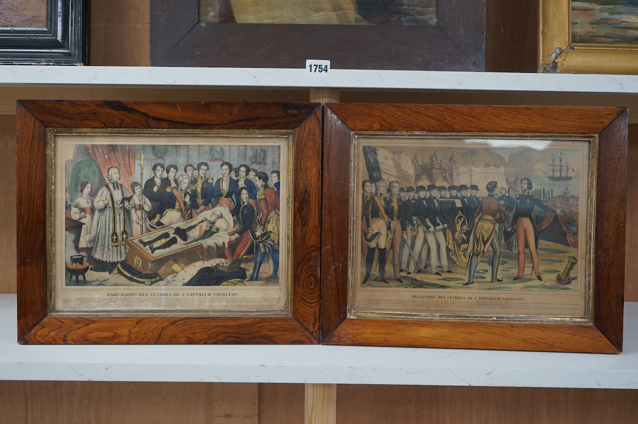 A pair of 19th century French colour lithographs, ‘Exhumation of Napoleon’ and one other, 23 x 31cm, rosewood framed. Condition - fair, discoloured throughout